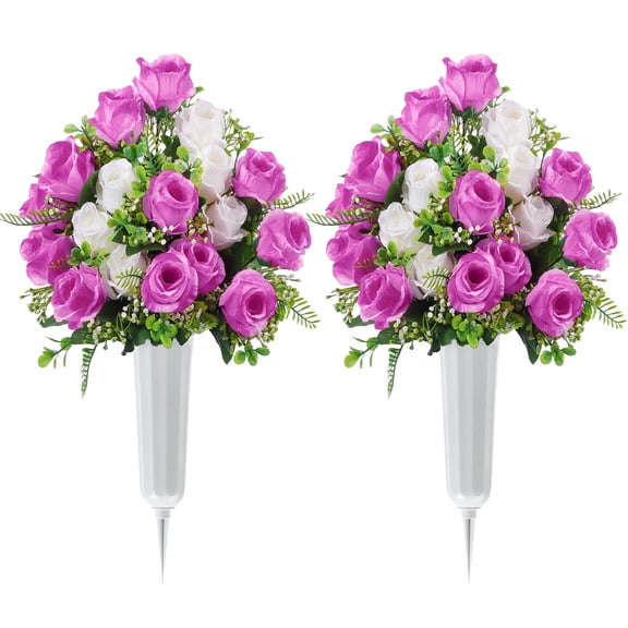 HKKDKTA Set of 2 Artificial Cemetery Flowers,Grave Flowers with Vase,Memorial Flowers Bouquet for Cemetery Headstones Decoration (Purple White)