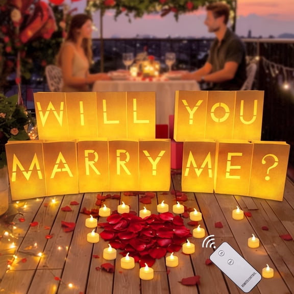 HKKDKTA Luminary Paper Bags Wedding Proposal Decorations, Will You Marry Me Light up Letter with 24 Pcs LED Candles and Remote Control for Proposals