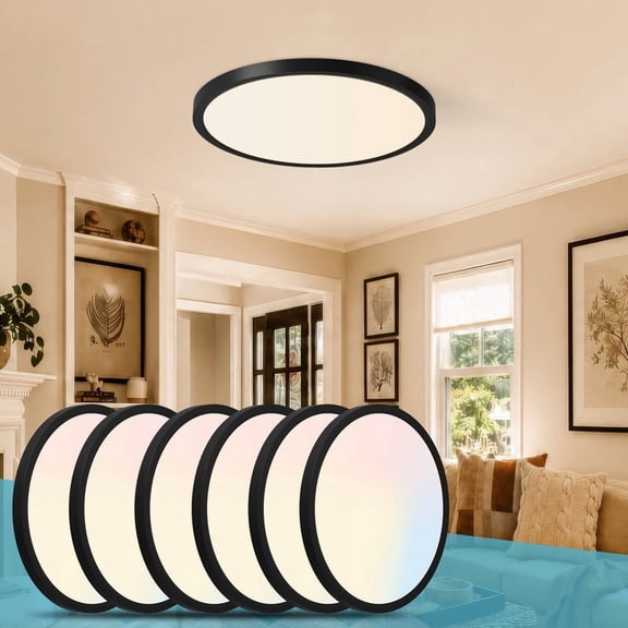 HKMGT 12 Inch LED Flush Mount Ceiling Light, 5CCT Dimmable 24W Black Round Ceiling Lamp for Bedroom Kitchen Living Room(6-Pack)