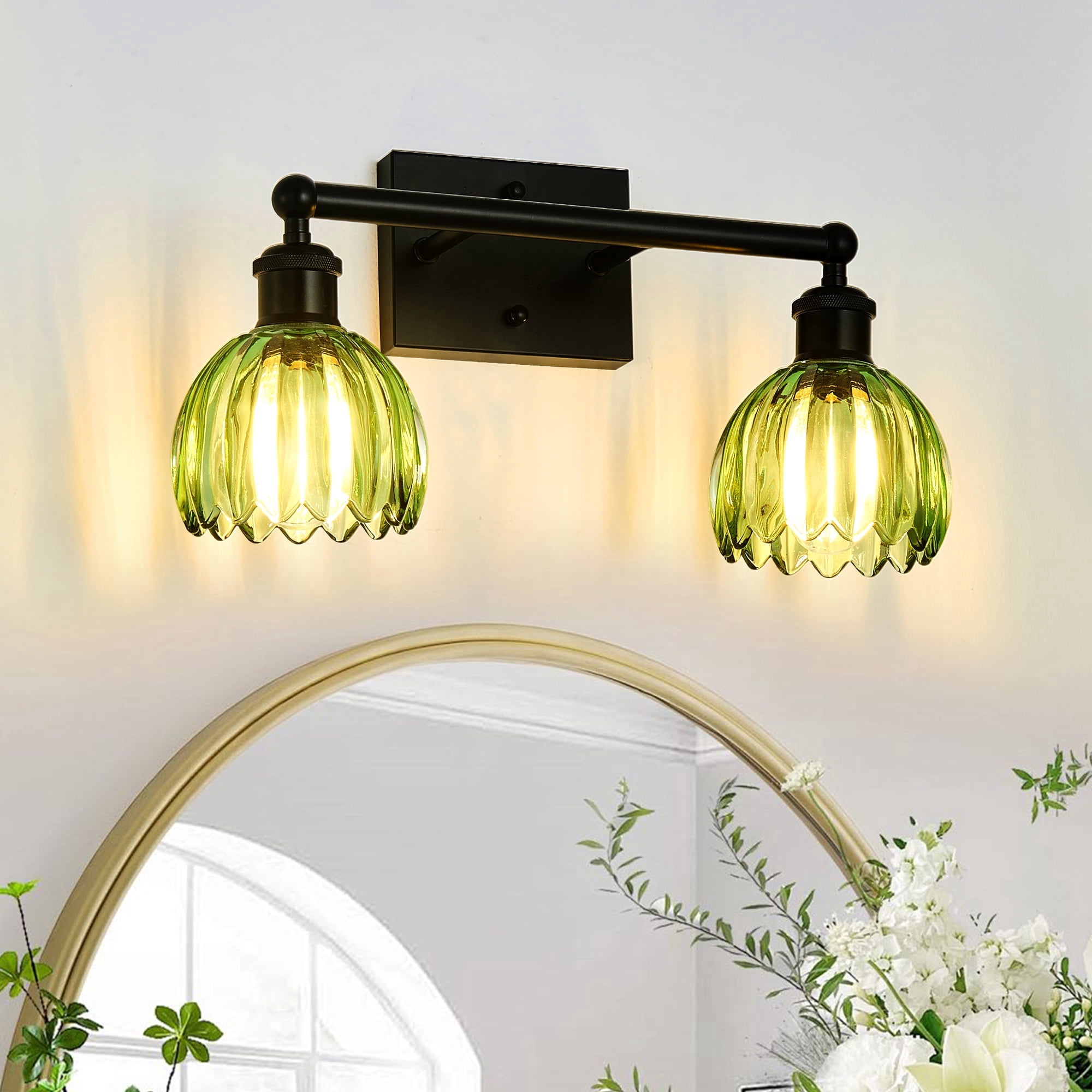 HKMGT 2-Light Black Vanity Light with Green Ribbed Glass,, Reversible Mounting, E26 Base Wall Sconce for Bathroom & Hallway