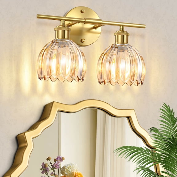 HKMGT Gold Bathroom Vanity Light Fixtures, 2-Light Amber Glass Vanity Lights for Bathroom Over Mirror, E26 Base Wall Sconce Lighting
