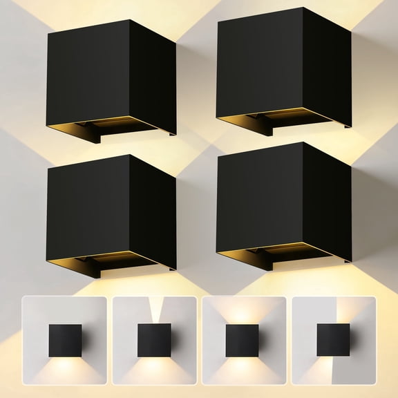 HKMGT 20W Modern Cube LED Outdoor Wall Sconce, Adjustable Light Angle, IP65 Waterproof, Black Aluminum Wall Wash 4 Pack