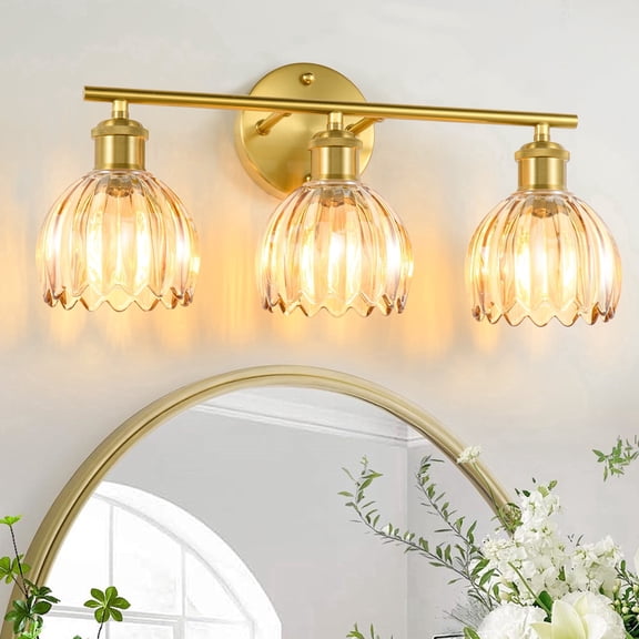 HKMGT 3-Light Gold Vanity Light with Amber Ribbed Glass, Reversible Mounting, E26 Base Wall Sconce for Bathroom & Hallway