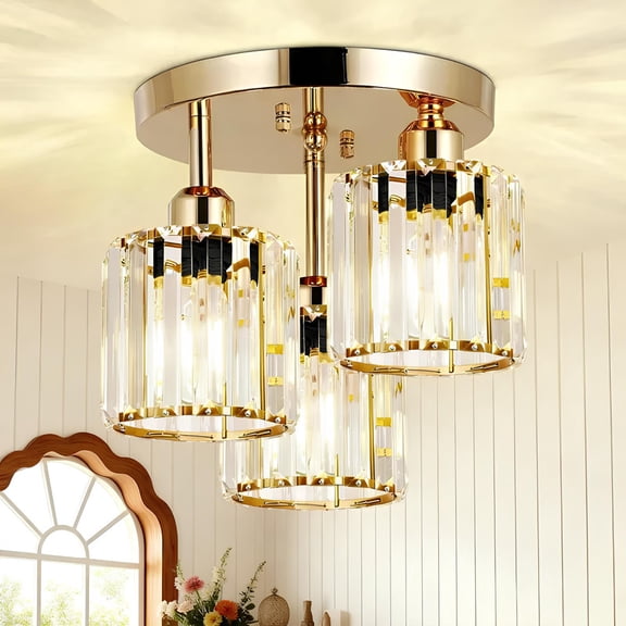 HKMGT 3-Light Modern Gold Crystal Semi Flush Mount Ceiling Light, E26 Base Crystal Chandelier for Kitchen Bedroom Hallway