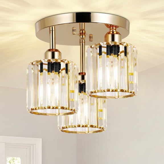HKMGT 3-Light Modern Gold Crystal Semi Flush Mount Ceiling Light, E26 Base Crystal Chandelier for Kitchen Bedroom Hallway