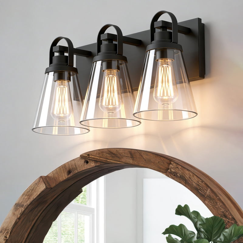 HKMGT 3-Light Modern Vanity Light Loop Top Design Black Metal Bathroom Light Fixture for Vanity