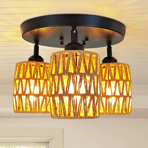 HKMGT 3-Light Rattan Farmhouse Flush Mount Ceiling Light, Boho Hemp Rope Shade Pendant Lamp for Dining Room