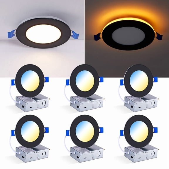 HKMGT 4 Inch LED Recessed Ceiling Light with Nightlight, 5CCT Dimmable Black Canless Downlight for Bedroom Kitchen(6-Pack)