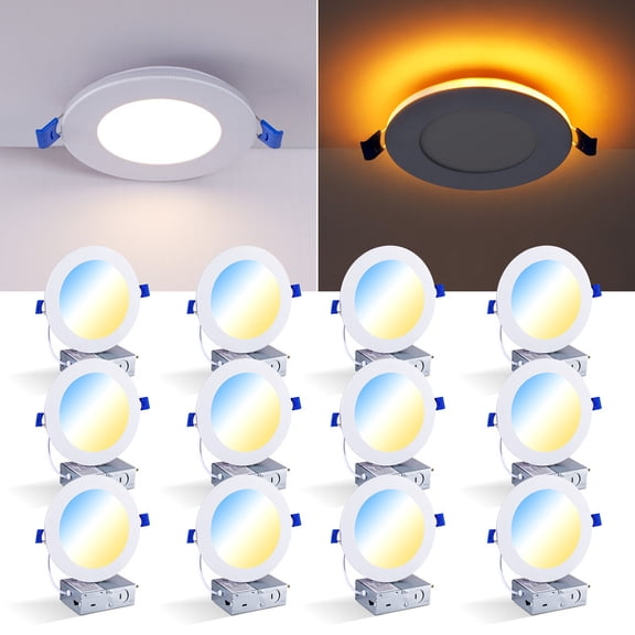 HKMGT 4 Inch LED Recessed Ceiling Light with Nightlight, 5CCT Dimmable White Canless Downlight for Bedroom Kitchen(12-Pack)