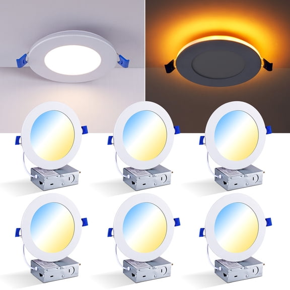 HKMGT 4 Inch LED Recessed Ceiling Light with Nightlight, 5CCT Dimmable White Canless Downlight for Bedroom Kitchen(6-Pack)