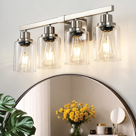 HKMGT 4-Light Bathroom Vanity Light, Silver Wall Sconce with Clear Glass Shade E26 Base, Anti-Rust Up/Down Mount for Bathroom, Bedroom