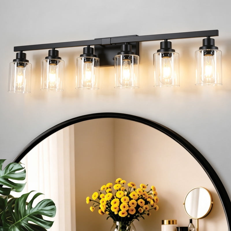 HKMGT 6-Light Bathroom Vanity Light, Black Wall Sconce with Clear Glass Shade E26 Base, Anti-Rust Up/Down Mount for Bathroom, Bedroom