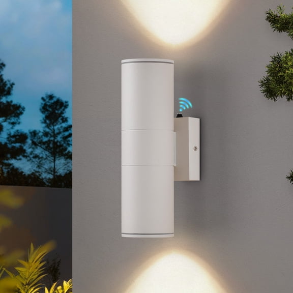 HKMGT Dusk to Dawn LED Outdoor Wall Light, Up & Down Cylinder Sconce, White Aluminum, 12W, AC120V, Waterproof for Porch Patio (1-pack)