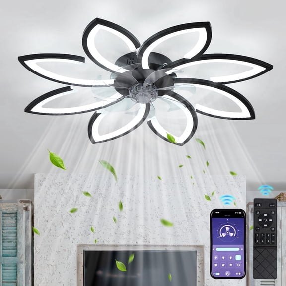 HKMGT Flush Mount Ceiling Fan with Light, 6-Speed AC Motor, Dimmable LED, Remote Control, Black for Bedroom Living Room