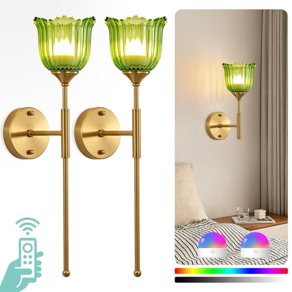 HKMGT Green Flower Glass Wireless Dimmable RGB Wall Sconces, Battery Operated for Bedroom Living Room (2-Pack)