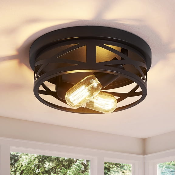 HKMGT Industrial Round 2-Light Flush Mount Ceiling Light, Matte Black, E26 Base, Adjustable Light Direction, for Kitchen Hallway Entryway (Bulbs Not Included)