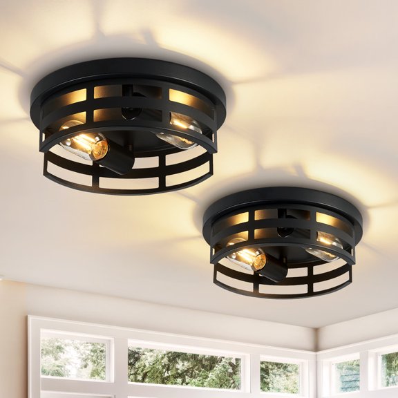 HKMGT Industrial Round 2-Light Flush Mount Ceiling Light, Matte Black, Grid Frame, Turnable Light Cap, E26 Base, for Kitchen Hallway