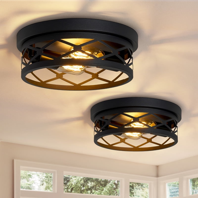 HKMGT Industrial Round Diamond Grid 2-Light Flush Mount Ceiling Light, Matte Black, E26 Base, for Kitchen Hallway Entryway (Bulbs Not Included)