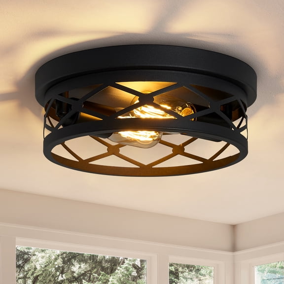 HKMGT Industrial Round Diamond Grid 2-Light Flush Mount Ceiling Light, Matte Black, E26 Base, for Kitchen Hallway Entryway (Bulbs Not Included)