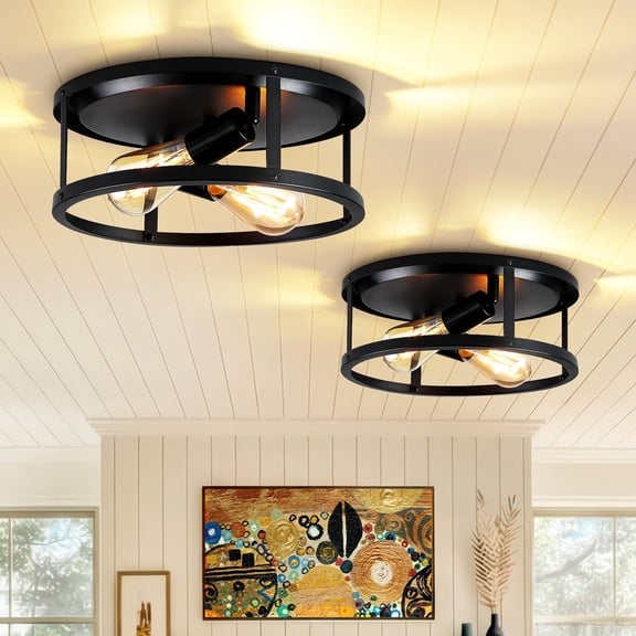 HKMGT Industrial Round Double Ring 2-Light Flush Mount Ceiling Light, Matte Black, E26 Base, for Kitchen Hallway Entryway (Bulbs Not Included)