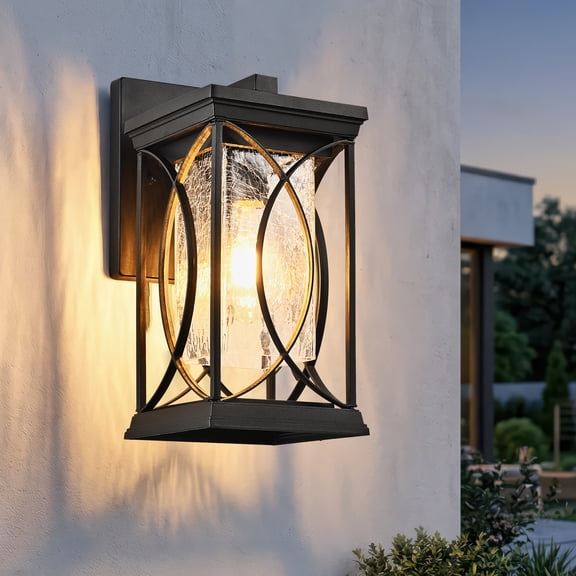 HKMGT Outdoor Wall Lantern, Waterproof Exterior Wall Sconce with Crackle Glass, Black Aluminum Light Fixture for Porch Garage