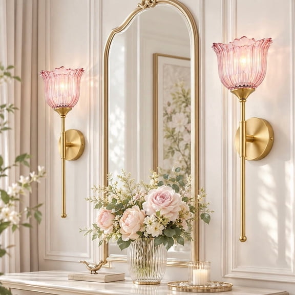 HKMGT RGB Battery Wall Sconces Wireless Dimmable Tulip Glass Brass Lamp Bedroom Living Room Hallway(2-Pack)