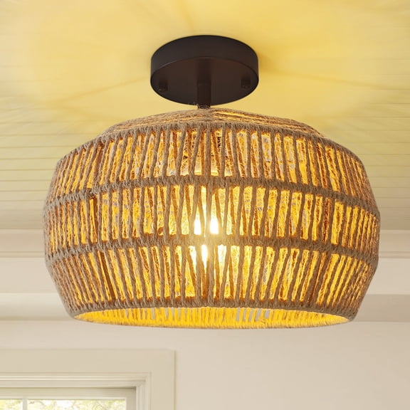 HKMGT Rattan Farmhouse Flush Mount Ceiling Light for Dining Room, Boho Hemp Rope Hand-Woven Shade Pendant Lamp Fixture