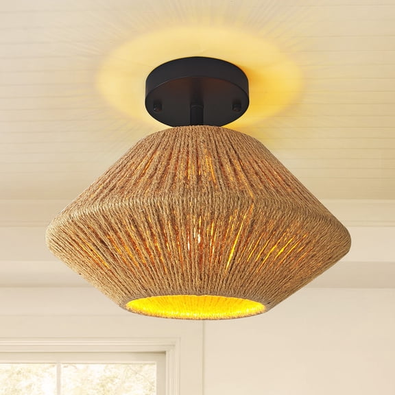 HKMGT Rattan Farmhouse Flush Mount Ceiling Light for Dining Room, Boho Hemp Rope Hand-Woven Shade Pendant Lamp Fixture