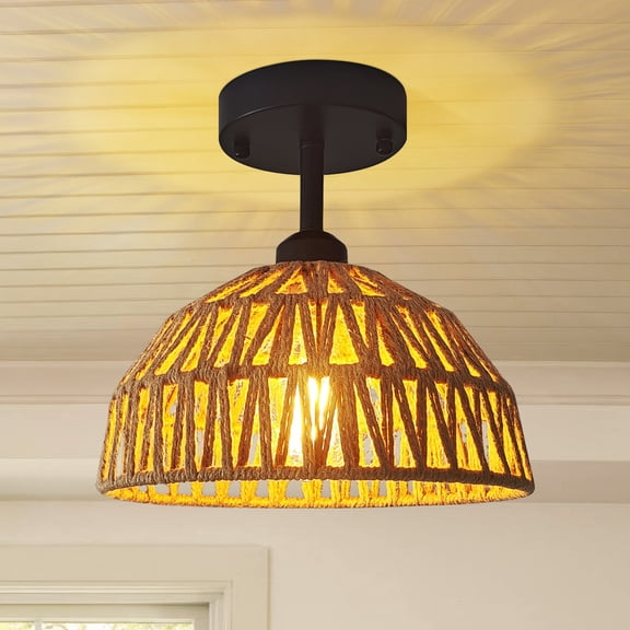 HKMGT Rattan Farmhouse Flush Mount Ceiling Light for Dining Room, Boho Hemp Rope Hand-Woven Shade Pendant Lamp Fixture