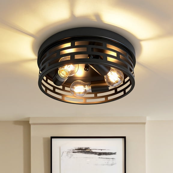 HKMGT Rustic 3-Light Flush Mount Ceiling Light, Matte Black Grid Pattern Frame, E26 Base, Round Close to Ceiling Light for Hallway, Entryway, Bedroom, Kitchen （1-Pack）