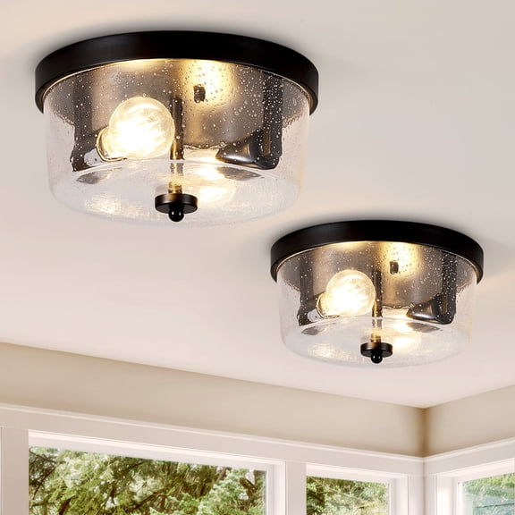 HKMGT Seeded Glass Ceiling Light, 2-Light Flush Mount Fixture, Dimmable, Matte Black, for Kitchen Hallway Bedroom Bathroom(2-Pack)