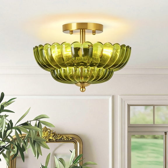 HKMGT Semi Flush Mount Ceiling Light E26 Floral Thick Olive Green Glass Light Fixture for Bedroom Hallway Foyer