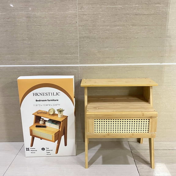 HKNEST1LJC Bedroom furniture, Boho Side Table with Drawer Open Shelf, Cane Accent Bedside End Table with Solid Wood Legs for Bedroom, Dorm and Small Spaces - 11.81"D x 15.94"W x 22.87"H(Natural)