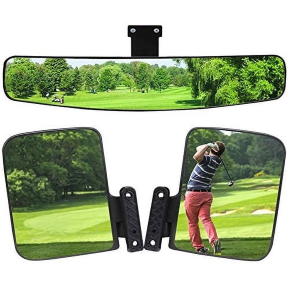 HKOO Newest Golf Cart Folding Side Mirrors and Rear View Mirror 16.5" Extra Wide Panoramic Golf Cart Mirrors Fits for Club Car EZGO Yamaha Combo Pack