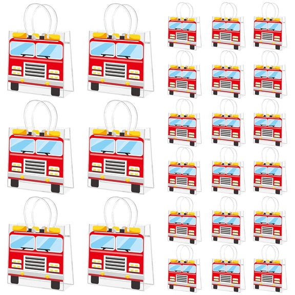 HKOYTIUP 24pcs Fire Truck Goodie Bags Creative Firefighter Candy Parties Favors Bags with Handles PVC Firetruck Treat Bag Fireman Gift Treat Bags for Firetruck Birthday Party Supplies Y114