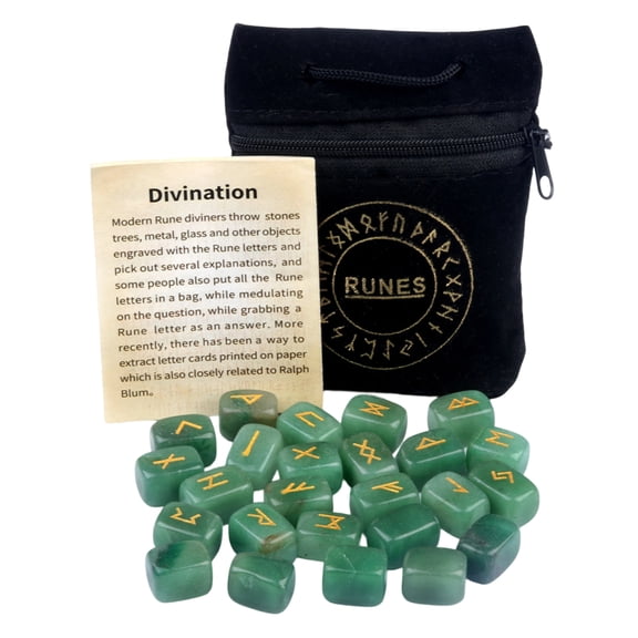 HKUKY Natural Crystal Agate Rune Stones 25 Engraved Characters with Velvet Pouch for Divination, Green