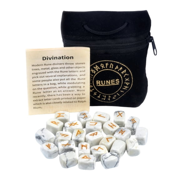 HKUKY Natural Crystal Agate Rune Stones 25 Engraved Characters with Velvet Pouch for Divination, White