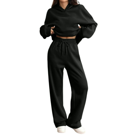 HKYNLAG 2 Piece Outfits for Women Suit Solid Color Winter Suit Wide Leg Shirt Trouser Sweatsuit Fall Fashion Sports Tracksuit Black L