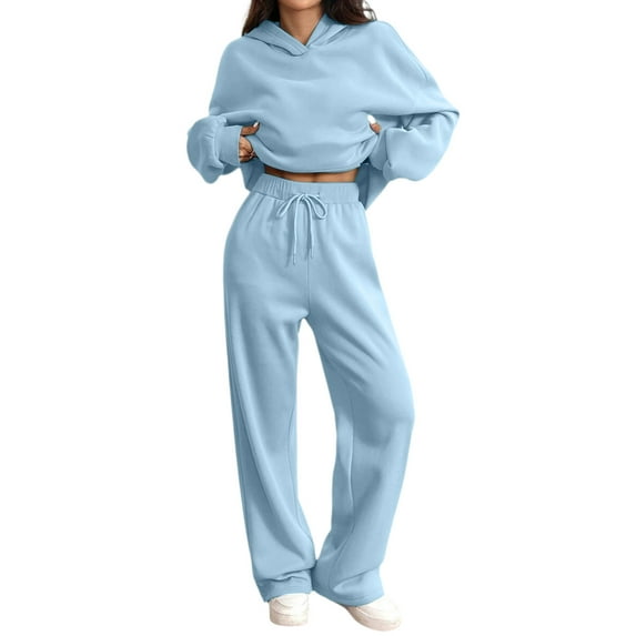 HKYNLAG 2 Piece Outfits for Women Suit Solid Color Winter Suit Wide Leg Shirt Trouser Sweatsuit Fall Fashion Sports Tracksuit Sky Blue S