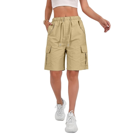 HKYNLAG 2026 Cargo Shorts Women Bermuda Shorts Summer Quick Dry High Waisted Long Shorts Drawstring Knee Length Plus Size Ladies Hiking Shorts with Pockets Complexion XL