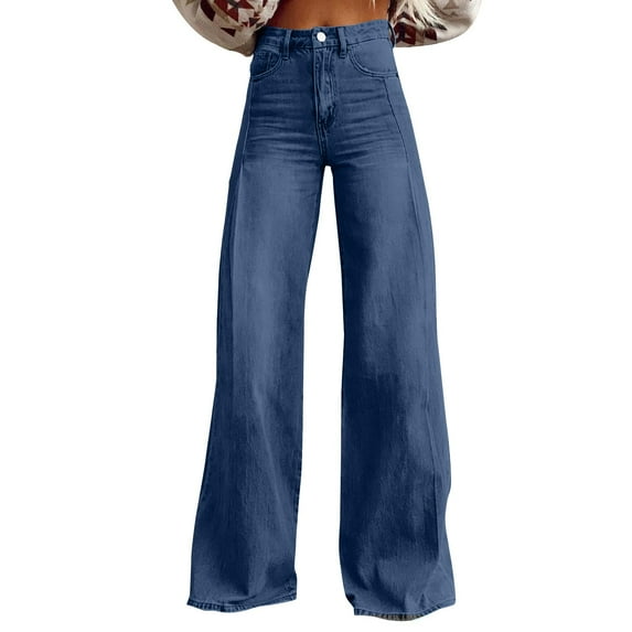 HKYNLAG Baggy Jean for Women 2025 Summer Dark Wash Vintage Pant Women's Y2K Street Fashion Wide Leg Denim Pant Dark Blue M