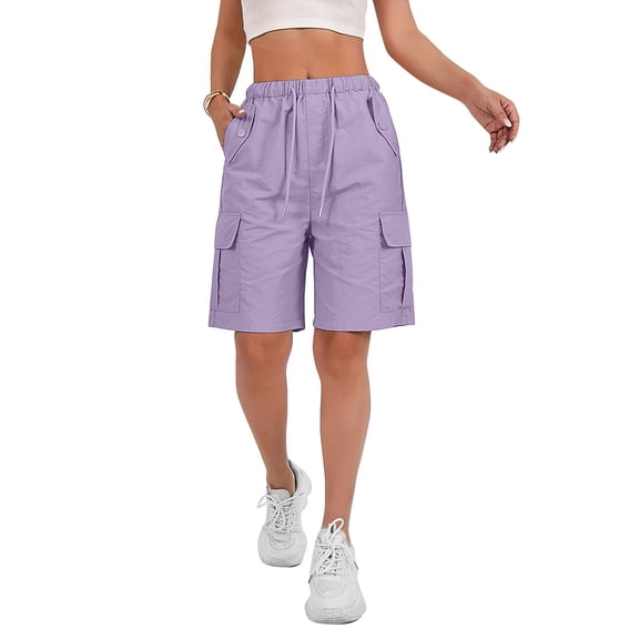 HKYNLAG Bermuda Cargo Shorts for Women Knee Length Elastic Waist Long Shorts Summer Baggy Waterproof Hiking Short with Pocket Light Purple L