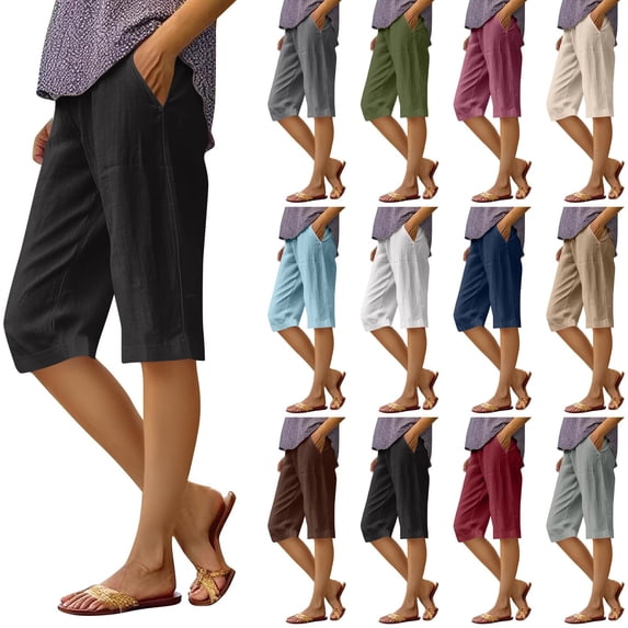 HKYNLAG Bermuda Shorts for Women Comfy Knee Length Cotton Linen Shorts Loose Drawstring Waisted Shorts Solid Color Beach Pants with Pockets Blue 2XL
