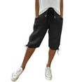 thumbnail image 1 of HKYNLAG Bermuda Shorts for Women High Waisted Drawstring Cotton Linen Casual Shorts Summer Knee Length Shorts with Pockets Black S, 1 of 7
