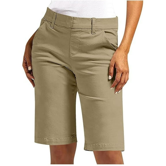 HKYNLAG Bermuda Shorts for Women Knee Length Dressy Casual High Waisted Chino Shorts Straight Leg Hiking Vacation Long Shorts Khaki M