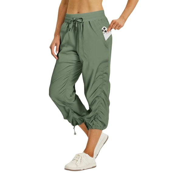 HKYNLAG Capri Cargo Pants for Women Petite Pull On Drawstring Elastic Waist Capris Pleated Lightweight Hiking Pants with Pockets Army Green XL