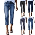 thumbnail image 1 of HKYNLAG Capri Jeans for Women Raw Hem Stretchy High Waisted Skinny Distressed Denim Butt Lifting Boyfriend Jeggings with Pockets Dark Blue L, 1 of 6