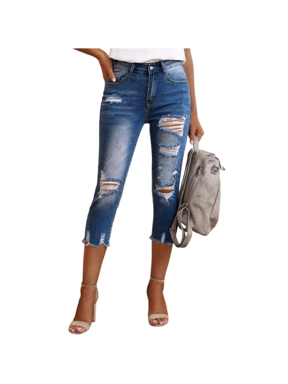 Capri Jeans for Women Ripped Stretch Denim Capris High Waisted Skinny Cropped Pants with Pockets Dark Blue S