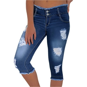 HKYNLAG Capri Jeans for Women Stretch Frayed Hem Ripped Jeans Lightweight Denim Capris with Pockets Summer Denim Joggers Dark Blue 2XL