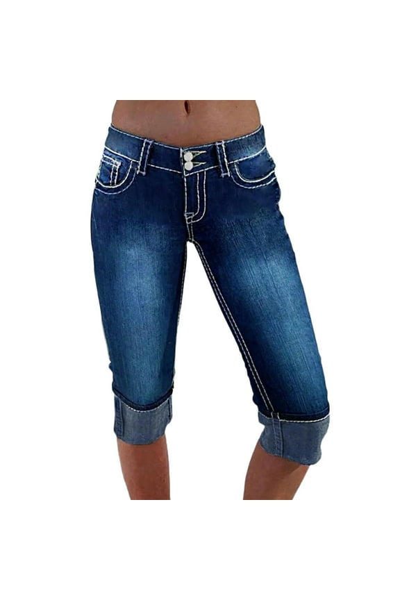 Capri Jeans for Women Stretch Low Rise Denim Capris Light Wash Ripped Skinny Cropped Jeans Streetwear Dark Blue M